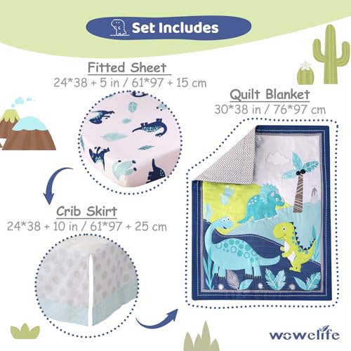 Blue Dinosaur Mini Crib Bedding Set, 3 Piece Baby Boy Quilt Fitted Sheet Flat Sheet, 24 x 38 in 3 Product: Wowelife Dinosaur Mini Crib Bedding Set for Boys Blue Premium 3-Piece Baby Bedding Sheet Set Dinosaurs Nursery Crib Set Crib Comforter Set Breathable and Soft for Baby