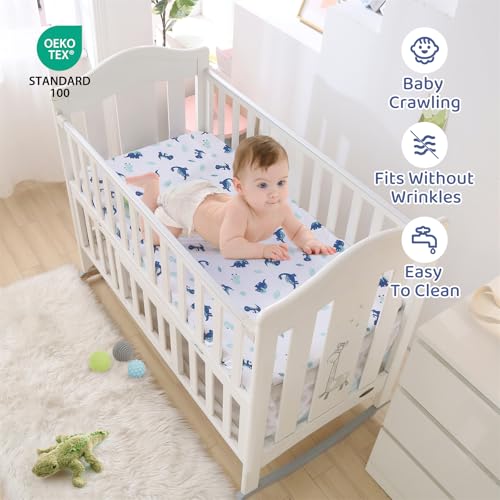 Blue Dinosaur Mini Crib Bedding Set, 3 Piece Baby Boy Quilt Fitted Sheet Flat Sheet, 24 x 38 in 2 Product: Wowelife Dinosaur Mini Crib Bedding Set for Boys Blue Premium 3-Piece Baby Bedding Sheet Set Dinosaurs Nursery Crib Set Crib Comforter Set Breathable and Soft for Baby