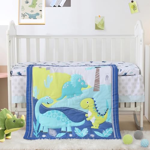 Blue Dinosaur Mini Crib Bedding Set, 3 Piece Baby Boy Quilt Fitted Sheet Flat Sheet, 24 x 38 in 1 Product: Wowelife Dinosaur Mini Crib Bedding Set for Boys Blue Premium 3-Piece Baby Bedding Sheet Set Dinosaurs Nursery Crib Set Crib Comforter Set Breathable and Soft for Baby