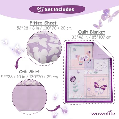 Product: Wowelife Girl Crib Bedding Set, Butterfly Baby Girl Nursery Bedding Set, Premium Purple Baby Bedding Set, Baby Girl Cot Bed Set Include Quilted Comforter, Crib Skirt and Crib Sheet, Purple