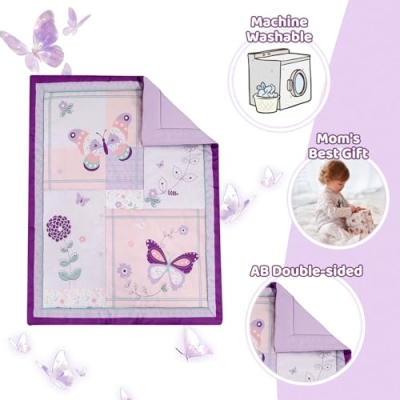 Product: Wowelife Girl Crib Bedding Set, Butterfly Baby Girl Nursery Bedding Set, Premium Purple Baby Bedding Set, Baby Girl Cot Bed Set Include Quilted Comforter, Crib Skirt and Crib Sheet, Purple