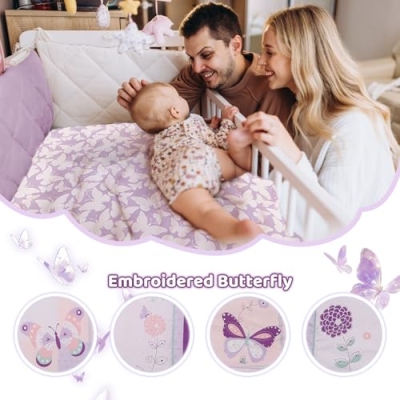 Product: Wowelife Girl Crib Bedding Set, Butterfly Baby Girl Nursery Bedding Set, Premium Purple Baby Bedding Set, Baby Girl Cot Bed Set Include Quilted Comforter, Crib Skirt and Crib Sheet, Purple