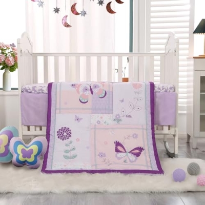 Product: Wowelife Girl Crib Bedding Set, Butterfly Baby Girl Nursery Bedding Set, Premium Purple Baby Bedding Set, Baby Girl Cot Bed Set Include Quilted Comforter, Crib Skirt and Crib Sheet, Purple
