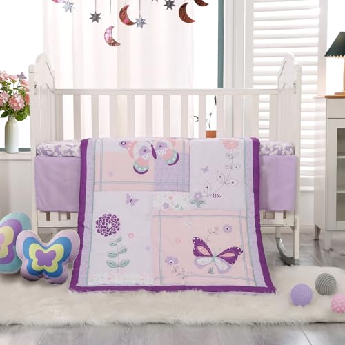 Product: Wowelife Girl Crib Bedding Set, Butterfly Baby Girl Nursery Bedding Set, Premium Purple Baby Bedding Set, Baby Girl Cot Bed Set Include Quilted Comforter, Crib Skirt and Crib Sheet, Purple