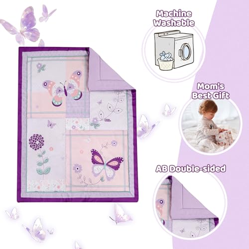 Product: Wowelife Girl Crib Bedding Set, Butterfly Baby Girl Nursery Bedding Set, Premium Purple Baby Bedding Set, Baby Girl Cot Bed Set Include Quilted Comforter, Crib Skirt and Crib Sheet, Purple