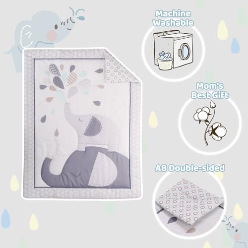 Elephant Mini Crib Bedding Set, 3 Piece Nursery Bundle, Mother Baby Elephant Gray, 24x38in Mini Crib 4 Product: Wowelife Mini Crib Bedding Set for Boys, Premium 3-Piece Elephant Baby Bedding Set Elephant, Baby Nursery Comforter Bed Set with Crib Comforter, Skirt and Sheet, Gray