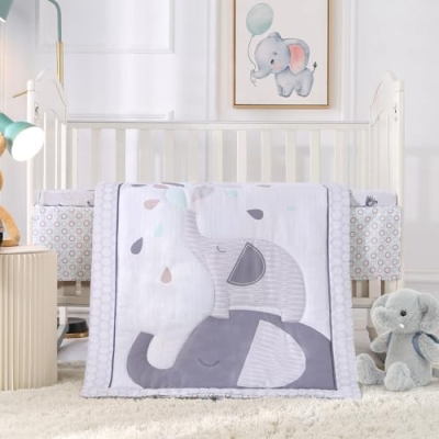 Elephant Mini Crib Bedding Set, 3 Piece Nursery Bundle, Mother Baby Elephant Gray, 24x38in Mini Crib 7 Product: Wowelife Mini Crib Bedding Set for Boys, Premium 3-Piece Elephant Baby Bedding Set Elephant, Baby Nursery Comforter Bed Set with Crib Comforter, Skirt and Sheet, Gray