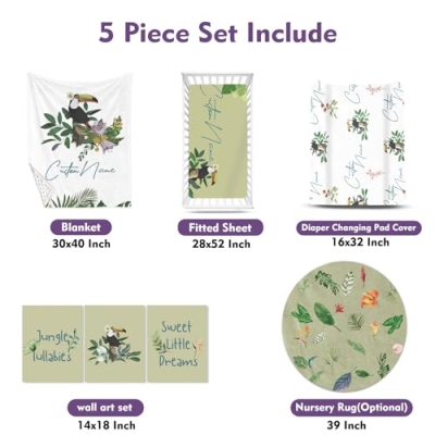 Personalized Toucan Crib Bedding Set, Custom Name Tropical Jungle Baby Nursery 5 Piece Set, Colorful Decor 32.5cm 10 Product: YISMEET Custom Crib Bedding Set – Personalized Name Tropical Toucan Baby Bedding 5-Piece Set with Soft Blanket, Fitted Sheet, Changing Pad Cover, Rug and Wall Art – Colorful Jungle Nursery Decor