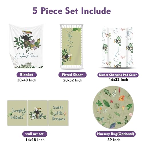 Personalized Toucan Crib Bedding Set, Custom Name Tropical Jungle Baby Nursery 5 Piece Set, Colorful Decor 32.5cm 2 Product: YISMEET Custom Crib Bedding Set – Personalized Name Tropical Toucan Baby Bedding 5-Piece Set with Soft Blanket, Fitted Sheet, Changing Pad Cover, Rug and Wall Art – Colorful Jungle Nursery Decor