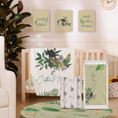 Product: YISMEET Custom Crib Bedding Set – Personalized Name Tropical Toucan Baby Bedding 5-Piece Set with Soft Blanket, Fitted Sheet, Changing Pad Cover, Rug and Wall Art – Colorful Jungle Nursery Decor