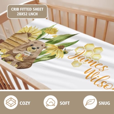 Product: YISMEET Personalized Baby Crib Bedding Set – 2-Piece Custom Name Blanket Fitted Sheet for Boys and Girls, Soft Double-Layer Minky Bedding for Nursery, Newborn, Yellow Bee Theme
