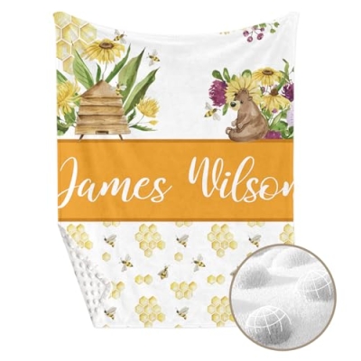 Product: YISMEET Personalized Baby Crib Bedding Set – 2-Piece Custom Name Blanket Fitted Sheet for Boys and Girls, Soft Double-Layer Minky Bedding for Nursery, Newborn, Yellow Bee Theme