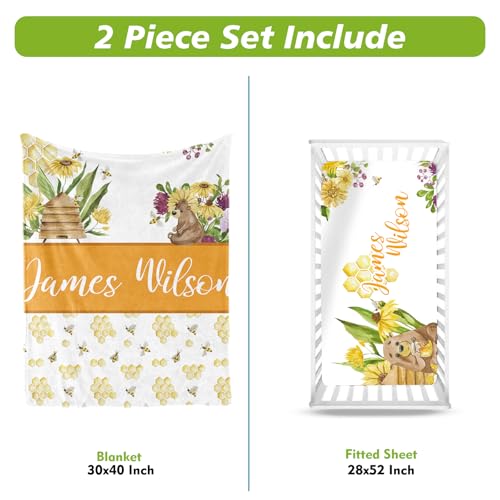 Product: YISMEET Personalized Baby Crib Bedding Set – 2-Piece Custom Name Blanket Fitted Sheet for Boys and Girls, Soft Double-Layer Minky Bedding for Nursery, Newborn, Yellow Bee Theme