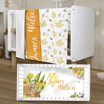 Product: YISMEET Personalized Baby Crib Bedding Set – 2-Piece Custom Name Blanket Fitted Sheet for Boys and Girls, Soft Double-Layer Minky Bedding for Nursery, Newborn, Yellow Bee Theme