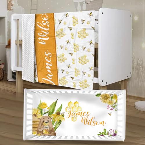 Product: YISMEET Personalized Baby Crib Bedding Set – 2-Piece Custom Name Blanket Fitted Sheet for Boys and Girls, Soft Double-Layer Minky Bedding for Nursery, Newborn, Yellow Bee Theme