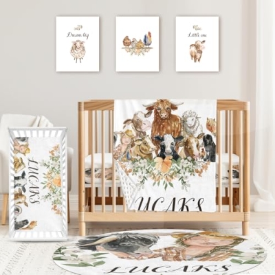 Product: YISMEET Personalized Baby Crib Bedding Set – 4-Piece Custom Name Nursery Set with Animal Theme, Includes Blanket, Fitted Crib Sheet, Rug and Wall Art – Unique Room Decor for Boys Girls