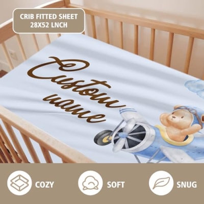 Personalized Baby Crib Bedding Set, Bear Glider Nursery Set, Custom Name 3 Piece Blanket Sheet Changing Pad Cover 32.5cm 12 Product: YISMEET Personalized Baby Crib Bedding Set – Custom Name 3-Piece Nursery Set with Bear Glider Pattern, Soft Blanket, Fitted Crib Sheet and Changing Pad Cover, for Boys Girls