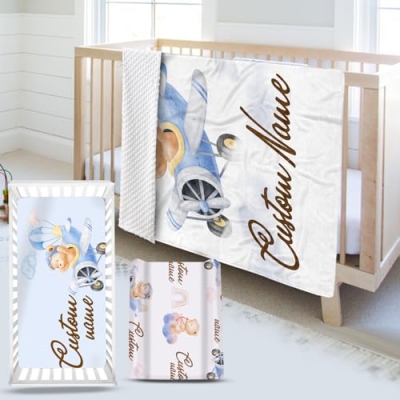 Product: YISMEET Personalized Baby Crib Bedding Set – Custom Name 3-Piece Nursery Set with Bear Glider Pattern, Soft Blanket, Fitted Crib Sheet and Changing Pad Cover, for Boys Girls