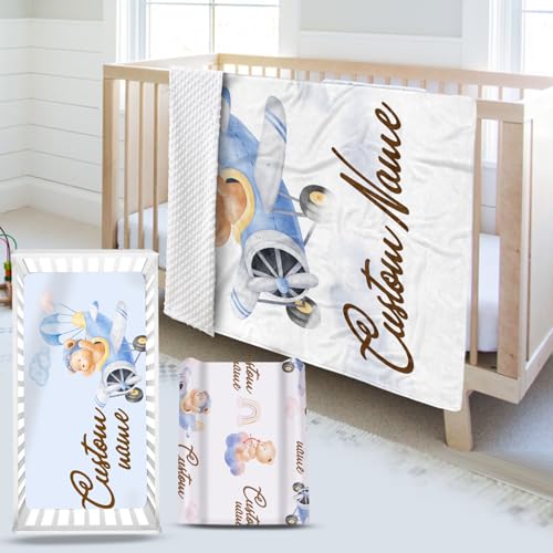 YISMEET Personalized Baby Crib Bedding Set – Custom Name 3-Piece Nursery Set with Bear Glider Pattern, Soft Blanket, Fitted Crib Sheet and Changing Pad Cover, for Boys Girls - Crib Bedding Sets Product: YISMEET Personalized Baby Crib Bedding Set – Custom Name 3-Piece Nursery Set with Bear Glider Pattern, Soft Blanket, Fitted Crib Sheet and Changing Pad Cover, for Boys Girls