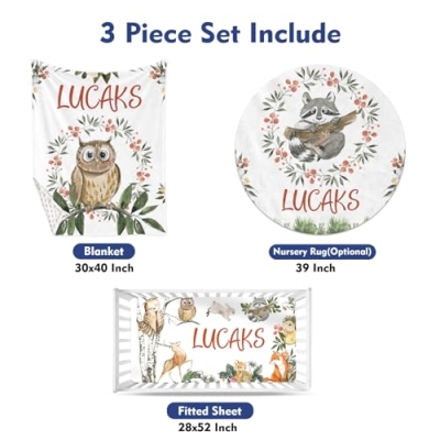 Personalized Baby Crib Bedding Set with Name, Owl Theme Nursery Set, 3 Piece Baby Shower Gift 32.5cm 9 Product: YISMEET Personalized Baby Crib Bedding Set with Name – 3-Piece Owl Theme Custom Nursery Set for Boys Girls - Soft Custom Blanket, Fitted Crib Sheet & Rug, Unique Nursery Décor