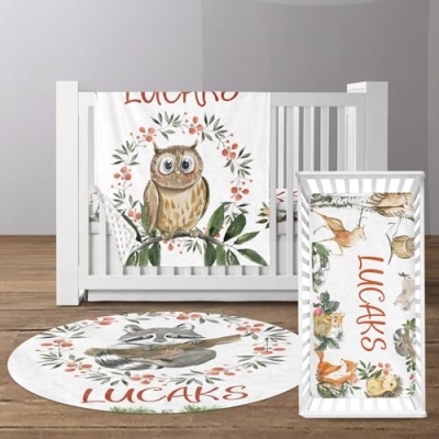 Product: YISMEET Personalized Baby Crib Bedding Set with Name – 3-Piece Owl Theme Custom Nursery Set for Boys Girls - Soft Custom Blanket, Fitted Crib Sheet & Rug, Unique Nursery Décor