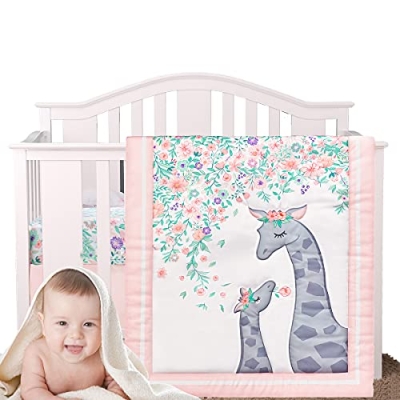 Product: Yolent Baby Girl Crib Bedding Sets Crib Set for Girls Mini Floral Nursery Crib Bedding Sets 3 Piece Pink and Grey Princess Crib Bedding Set