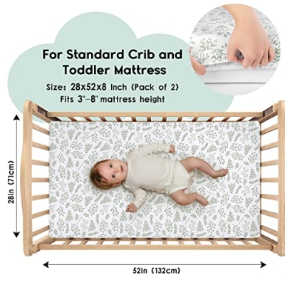 Green Leaf Crib Sheets, 2 Pack Soft Fitted Baby Sheets, Standard Crib Toddler Mattress, Microfiber, 28 x 52 x 8 inches 8 Product: Yoofoss Baby Crib Sheets for Boys Girls, Fitted Crib Sheet 2 Pack for Standard Crib and Toddler Mattress, Super Soft Microfiber Baby Sheet 28x52x8in(Green+Leaf)