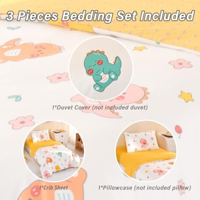 Dinosaur Crib Bedding Set, 100% Cotton Nursery Bedding, Fitted Sheet Duvet Cover Pillowcase, Standard Mini Size Bed 52x28x8in 10 Product: ZZRSSSLC Dinosaur Crib Bedding Set for Baby Boys or Girls, 3 Pieces Cute Animal Pattern Nursery Bed Set Decor with Fitted Sheet, Duvet Cover, Pillowcase,100% Cotton