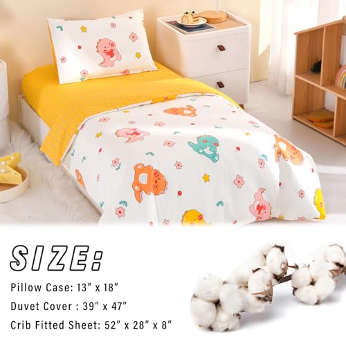 Dinosaur Crib Bedding Set, 100% Cotton Nursery Bedding, Fitted Sheet Duvet Cover Pillowcase, Standard Mini Size Bed 52x28x8in 1 Product: ZZRSSSLC Dinosaur Crib Bedding Set for Baby Boys or Girls, 3 Pieces Cute Animal Pattern Nursery Bed Set Decor with Fitted Sheet, Duvet Cover, Pillowcase,100% Cotton