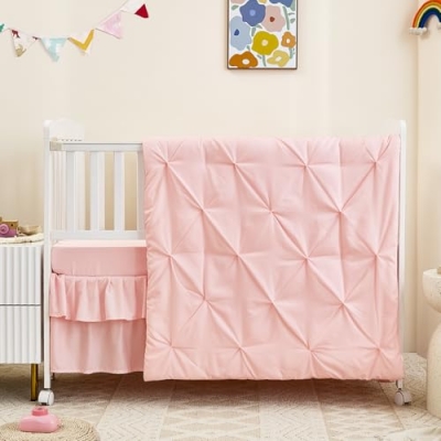 Pink Nursery Bedding Set, Crib Comforter Sheet Skirt, 3 Piece Baby Girl Bedding Set, Standard Crib 45x35in 52x28x8in 6 Product: 3 Piece Nursery Pinch Pleated Bedding Set - Ultra Soft Nursery Bedding Set Includes Crib Comforter, Sheet & Skirt - Pink