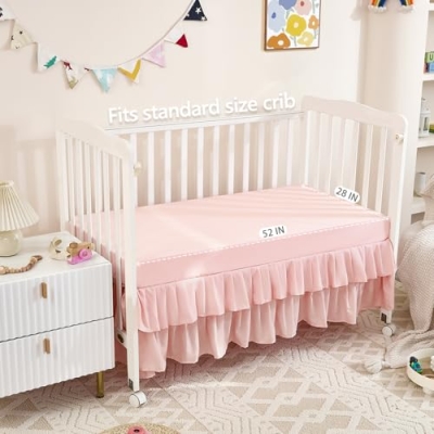 Pink Nursery Bedding Set, Crib Comforter Sheet Skirt, 3 Piece Baby Girl Bedding Set, Standard Crib 45x35in 52x28x8in 7 Product: 3 Piece Nursery Pinch Pleated Bedding Set - Ultra Soft Nursery Bedding Set Includes Crib Comforter, Sheet & Skirt - Pink