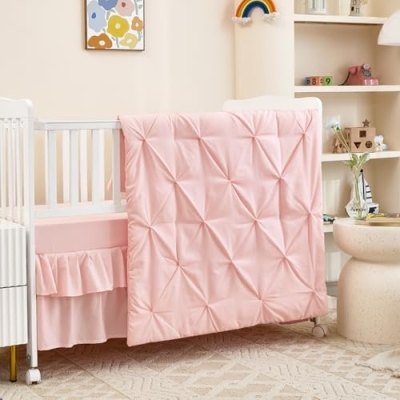 Product: 3 Piece Nursery Pinch Pleated Bedding Set - Ultra Soft Nursery Bedding Set Includes Crib Comforter, Sheet & Skirt - Pink