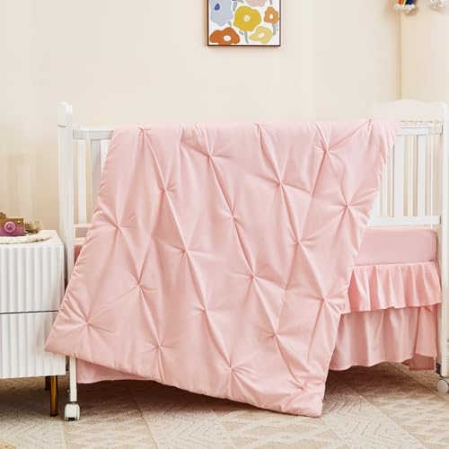 Pink Nursery Bedding Set, Crib Comforter Sheet Skirt, 3 Piece Baby Girl Bedding Set, Standard Crib 45x35in 52x28x8in 1 Product: 3 Piece Nursery Pinch Pleated Bedding Set - Ultra Soft Nursery Bedding Set Includes Crib Comforter, Sheet & Skirt - Pink