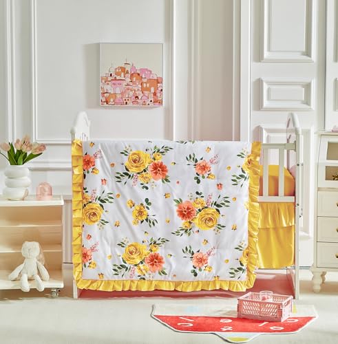 Product: 3 Pieces Flowers Crib Bedding Set Baby Ruffled Quilted Comforter with Fitted Sheet and Bed Skirt - Cute Ruffled Shabby Chic Baby Bedding Soft Blanket Floral Design