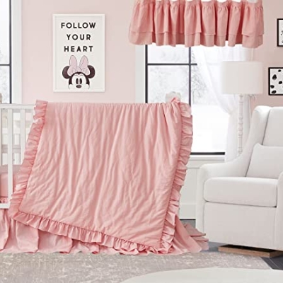 Rose Pink Ruffle Nursery Bedding Set, 600 Thread Count Cotton Crib Set, Comforter Fitted Sheet Bed Skirt, 35x45in 6 Product: Chic Ruffle 3 Piece Nursery Bedding Set 600 Thread Count - 100% Egyptian Cotton Comforter, Fitted Crib Sheet & Ruffle Bed Skirt - Rose Pink