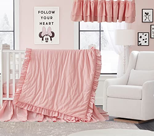 Rose Pink Ruffle Nursery Bedding Set, 600 Thread Count Cotton Crib Set, Comforter Fitted Sheet Bed Skirt, 35x45in 1 Product: Chic Ruffle 3 Piece Nursery Bedding Set 600 Thread Count - 100% Egyptian Cotton Comforter, Fitted Crib Sheet & Ruffle Bed Skirt - Rose Pink