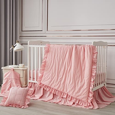 Rose Pink Ruffle Nursery Bedding Set, 600 Thread Count Cotton Crib Set, Comforter Fitted Sheet Bed Skirt, 35x45in 7 Product: Chic Ruffle 3 Piece Nursery Bedding Set 600 Thread Count - 100% Egyptian Cotton Comforter, Fitted Crib Sheet & Ruffle Bed Skirt - Rose Pink