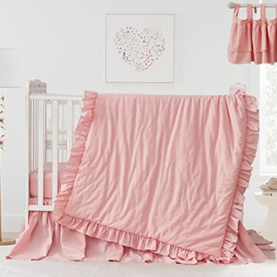Rose Pink Ruffle Nursery Bedding Set, 600 Thread Count Cotton Crib Set, Comforter Fitted Sheet Bed Skirt, 35x45in 9 Product: Chic Ruffle 3 Piece Nursery Bedding Set 600 Thread Count - 100% Egyptian Cotton Comforter, Fitted Crib Sheet & Ruffle Bed Skirt - Rose Pink