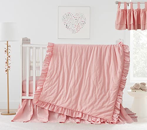 Rose Pink Ruffle Nursery Bedding Set, 600 Thread Count Cotton Crib Set, Comforter Fitted Sheet Bed Skirt, 35x45in 4 Product: Chic Ruffle 3 Piece Nursery Bedding Set 600 Thread Count - 100% Egyptian Cotton Comforter, Fitted Crib Sheet & Ruffle Bed Skirt - Rose Pink