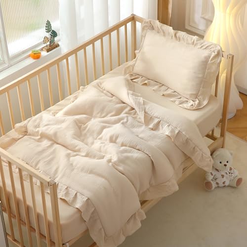 Muslin Cotton Crib Bedding Set, Ruffled 3 Piece Baby Comforter Set, Fitted Sheet, Pillowcase, Beige 34x43in 28x52in 13x18in 3 Product: CLoucl Muslin Cotton 3-Piece Crib Bedding Set for Girls Boys,Ultra Breathable Soft Crib Comforter Set with Cute Ruffled Down Alternative Crib Comforter, Fitted Sheet, Pillowcase, All Season (Beige)