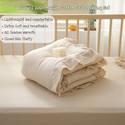 Muslin Cotton Crib Bedding Set, Ruffled 3 Piece Baby Comforter Set, Fitted Sheet, Pillowcase, Beige 34x43in 28x52in 13x18in 11 Product: CLoucl Muslin Cotton 3-Piece Crib Bedding Set for Girls Boys,Ultra Breathable Soft Crib Comforter Set with Cute Ruffled Down Alternative Crib Comforter, Fitted Sheet, Pillowcase, All Season (Beige)