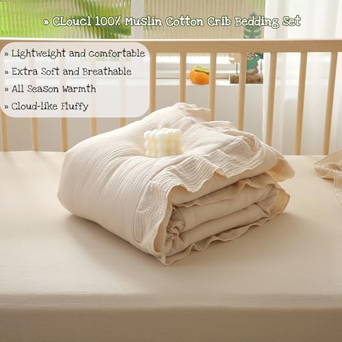 Muslin Cotton Crib Bedding Set, Ruffled 3 Piece Baby Comforter Set, Fitted Sheet, Pillowcase, Beige 34x43in 28x52in 13x18in 4 Product: CLoucl Muslin Cotton 3-Piece Crib Bedding Set for Girls Boys,Ultra Breathable Soft Crib Comforter Set with Cute Ruffled Down Alternative Crib Comforter, Fitted Sheet, Pillowcase, All Season (Beige)