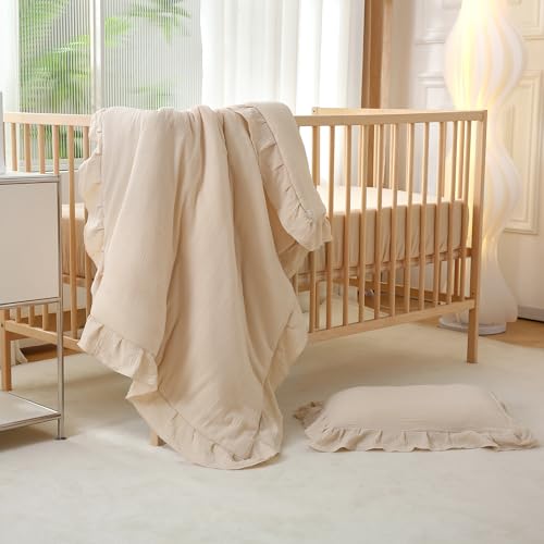 Muslin Cotton Crib Bedding Set, Ruffled 3 Piece Baby Comforter Set, Fitted Sheet, Pillowcase, Beige 34x43in 28x52in 13x18in 1 Product: CLoucl Muslin Cotton 3-Piece Crib Bedding Set for Girls Boys,Ultra Breathable Soft Crib Comforter Set with Cute Ruffled Down Alternative Crib Comforter, Fitted Sheet, Pillowcase, All Season (Beige)
