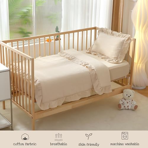 Muslin Cotton Crib Bedding Set, Ruffled 3 Piece Baby Comforter Set, Fitted Sheet, Pillowcase, Beige 34x43in 28x52in 13x18in 2 Product: CLoucl Muslin Cotton 3-Piece Crib Bedding Set for Girls Boys,Ultra Breathable Soft Crib Comforter Set with Cute Ruffled Down Alternative Crib Comforter, Fitted Sheet, Pillowcase, All Season (Beige)