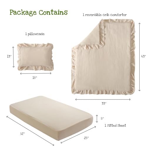 Muslin Cotton Crib Bedding Set, Ruffled 3 Piece Baby Comforter Set, Fitted Sheet, Pillowcase, Beige 34x43in 28x52in 13x18in 6 Product: CLoucl Muslin Cotton 3-Piece Crib Bedding Set for Girls Boys,Ultra Breathable Soft Crib Comforter Set with Cute Ruffled Down Alternative Crib Comforter, Fitted Sheet, Pillowcase, All Season (Beige)