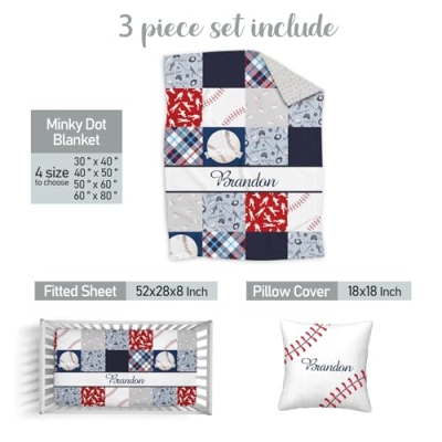 Personalized Baseball Baby Crib Bedding Set, Boys 3 Piece Nursery Set, Minky Dot Blanket, Fitted Sheet, Pillowcase, 3pc 11 Product: Custom Baseball Baby Crib Bedding Set for Boys – Personalized 3-Piece Nursery Set with Name, Minky Dot Blanket, Fitted Crib Sheet & Pillowcase for Newborns, Toddlers, Infant