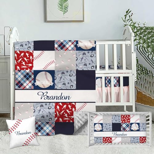 Custom Baseball Baby Crib Bedding Set for Boys – Personalized 3-Piece Nursery Set with Name, Minky Dot Blanket, Fitted Crib Sheet & Pillowcase for Newborns, Toddlers, Infant - Crib Bedding Sets Product: Custom Baseball Baby Crib Bedding Set for Boys – Personalized 3-Piece Nursery Set with Name, Minky Dot Blanket, Fitted Crib Sheet & Pillowcase for Newborns, Toddlers, Infant