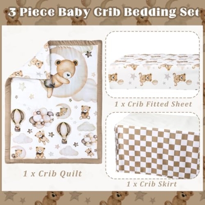 Product: Hahafelt 3 Pcs Baby Crib Bedding Set Safari Animals Dinosaurs Teddy Bear Woodland Animals Jungle Crib Set Includes Quilt, Fitted Sheet, Skirt for Baby Boy Girl(Brown,Teddy Bear)