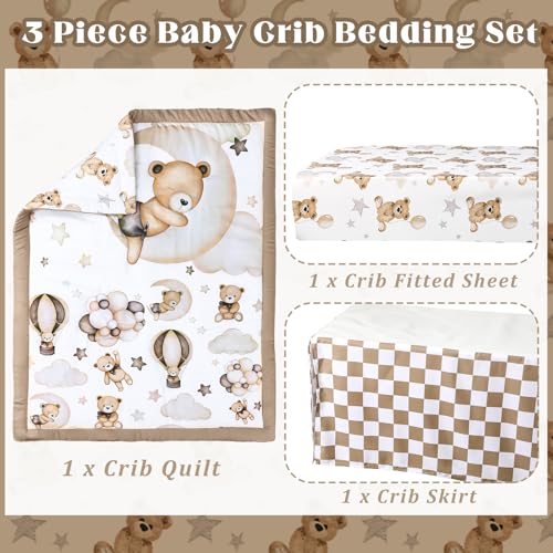 Product: Hahafelt 3 Pcs Baby Crib Bedding Set Safari Animals Dinosaurs Teddy Bear Woodland Animals Jungle Crib Set Includes Quilt, Fitted Sheet, Skirt for Baby Boy Girl(Brown,Teddy Bear)