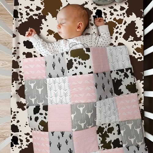 Product: Hahafelt 3 Piece Patchwork Western Crib Bedding Set for Boys Girls Cow Cactus Print Baby Bedding Barnyard Western Nursery Decor Soft Baby Bed Set Includes Quilt Fitted Crib Sheet Bed Skirt (Cowgirls)